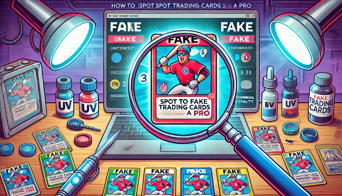 Animated detective-style image comparing real vs. fake trading cards. A magnifying glass reveals color and text differences, with forensic tools in the background for authenticity checks.