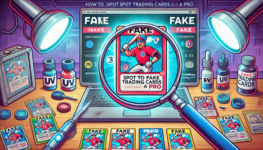Animated detective-style image comparing real vs. fake trading cards. A magnifying glass reveals color and text differences, with forensic tools in the background for authenticity checks.