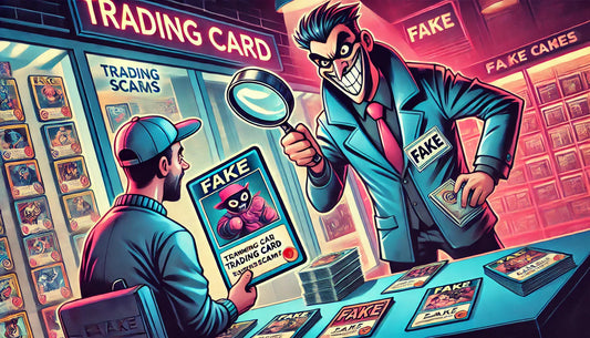 Animated illustration of a scammer selling fake trading cards, with a magnifying glass highlighting counterfeit details. Set in a game store or convention, emphasizing TCG scam awareness.